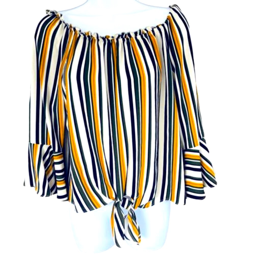 A. Byer Retro Green Yellow Navy Striped Bell Sleeve Relaxed Blouse Top —‎ SZ M/L